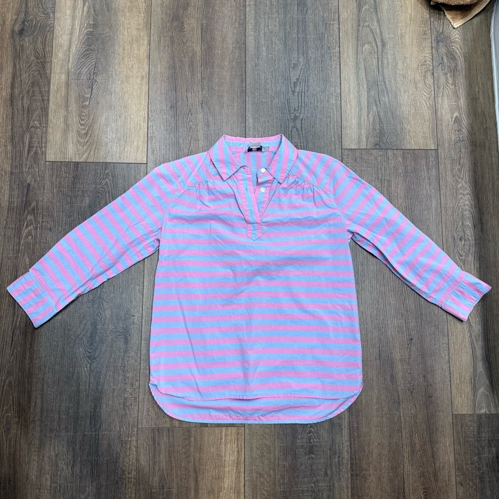 Vineyard Vines Pink Blue Stripe Collared button cotton Top